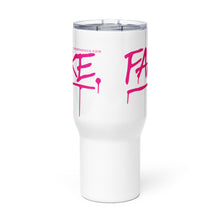 Load image into Gallery viewer, White travel mug with OG PINK FAKE logo.
