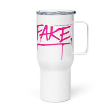 Load image into Gallery viewer, White travel mug with OG PINK FAKE logo.
